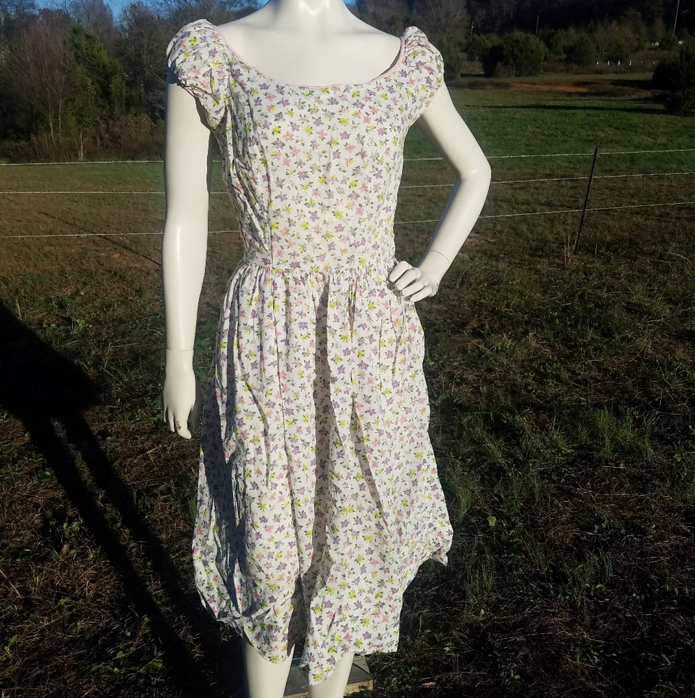 VTG Handmade Floral Poof Sleeve Dress XS S 4 - Picture 1 of 11